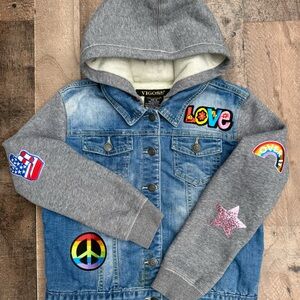 Vigoss Kids Denim Jacket with Gray Sleeves and Colorful Patches Size 10